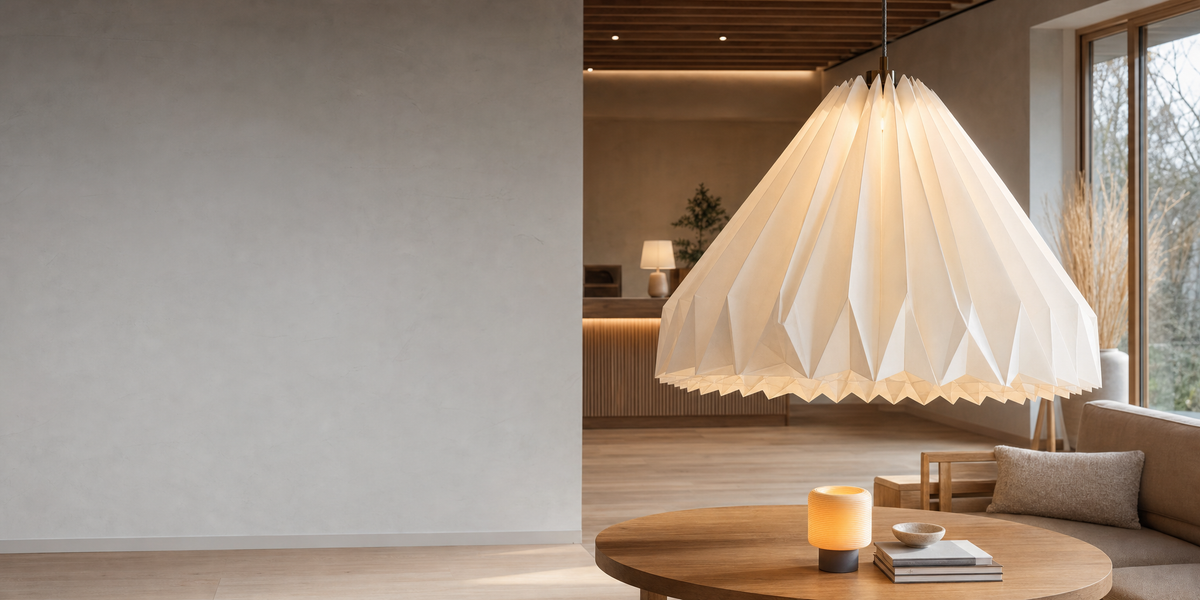 Custom origami paper lampshade manufacturer – large white geometric folded paper pendant light in modern interior