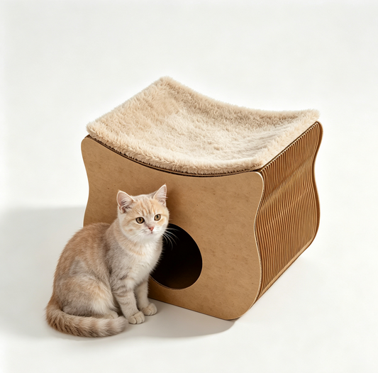 Cat beside a paper accordion pet stool with a cushioned hideaway