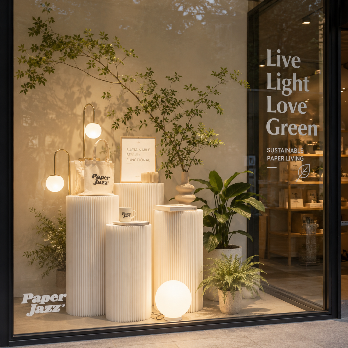 Honeycomb paper display pedestals and lighting in a modern retail and hospitality space