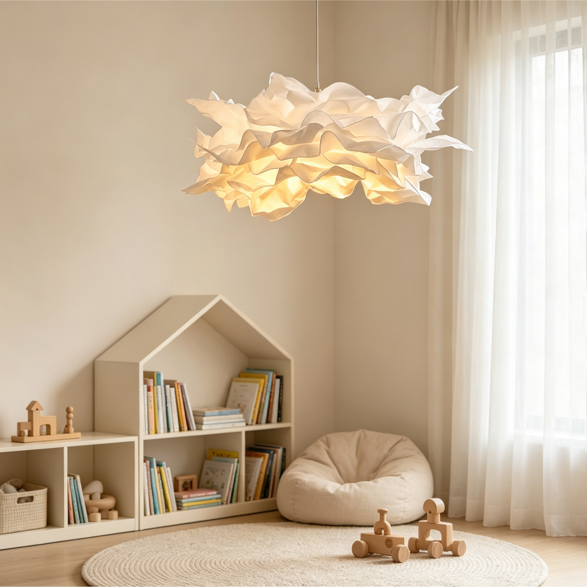 Folded Cream Cloud-Shaped Layered Paper Pendant Lamp for compact storage and shipping