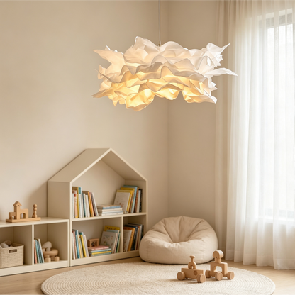 Folded Cream Cloud-Shaped Layered Paper Pendant Lamp for compact storage and shipping