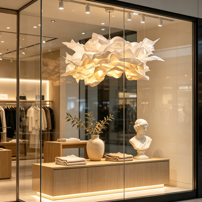Cream Cloud-Shaped Layered Paper Pendant Lamp in a modern living room