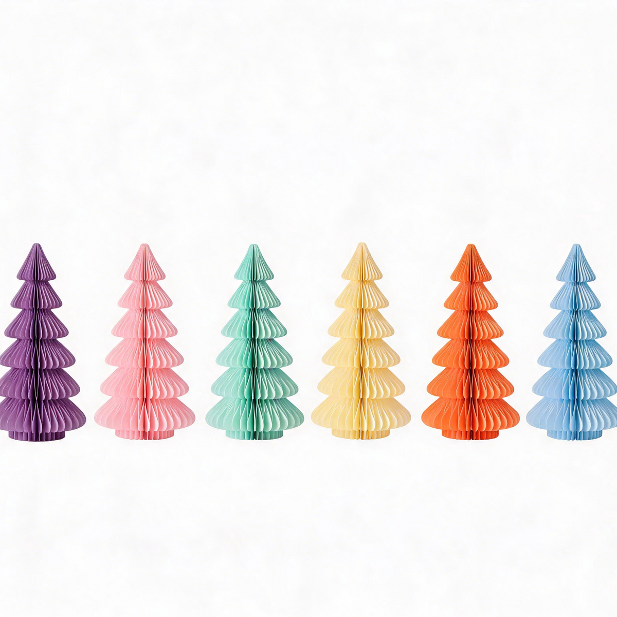 Pastel Honeycomb Paper Christmas Tree Decorations on a white background