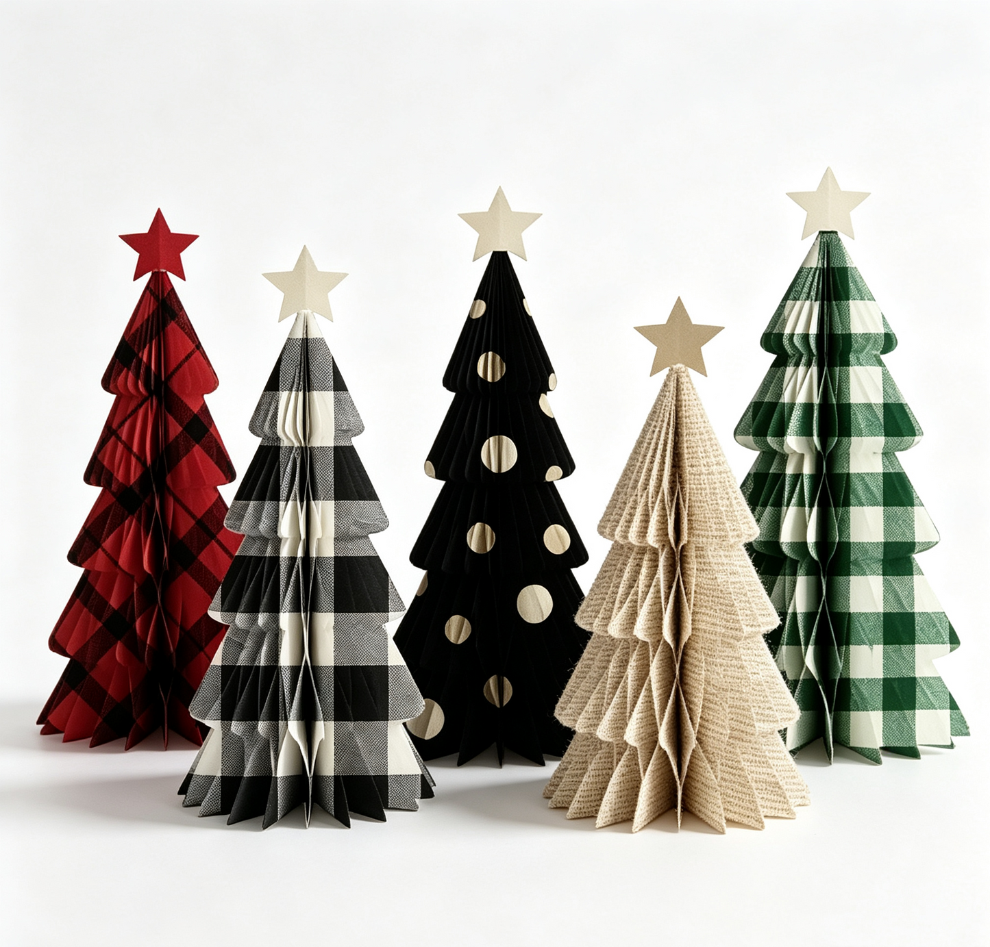 Patterned Honeycomb Paper Christmas Tree Decoration Set on a white background