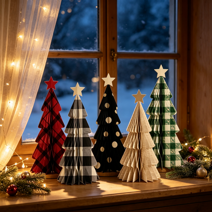 Patterned Honeycomb Paper Christmas Tree Decoration Set in a modern living room