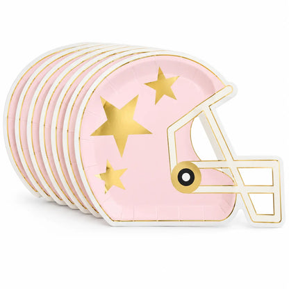Pink American Football Helmet Paper Plates 8 Pack on a white background