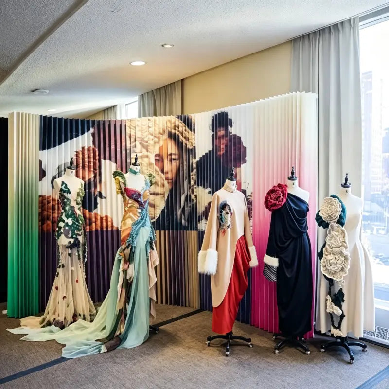 Pleated corrugated paper backdrop wall with dress mannequins for fashion exhibition in hotel showroom