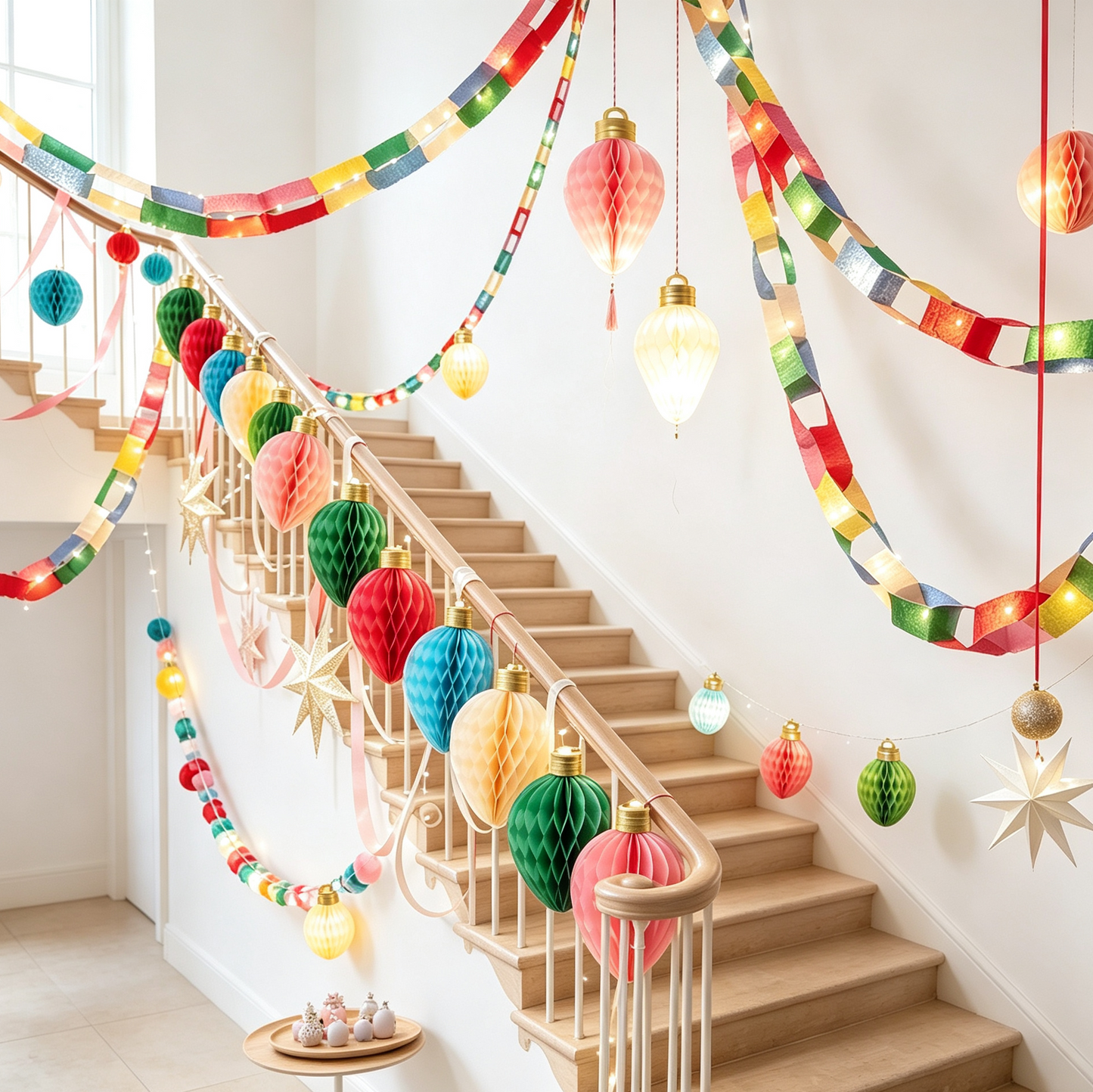 Folded Multicolor Honeycomb Paper Christmas Ornament Garland for compact storage and shipping