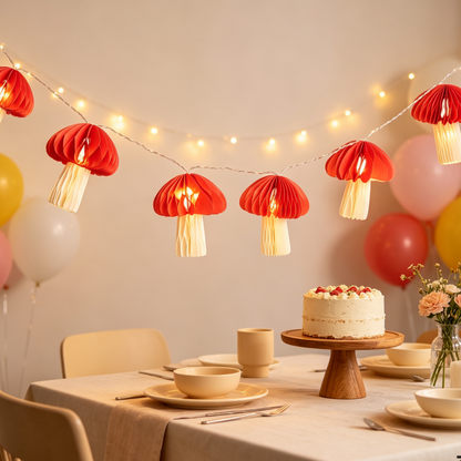 Red and Cream Mushroom Honeycomb Paper String Lights showing its structure