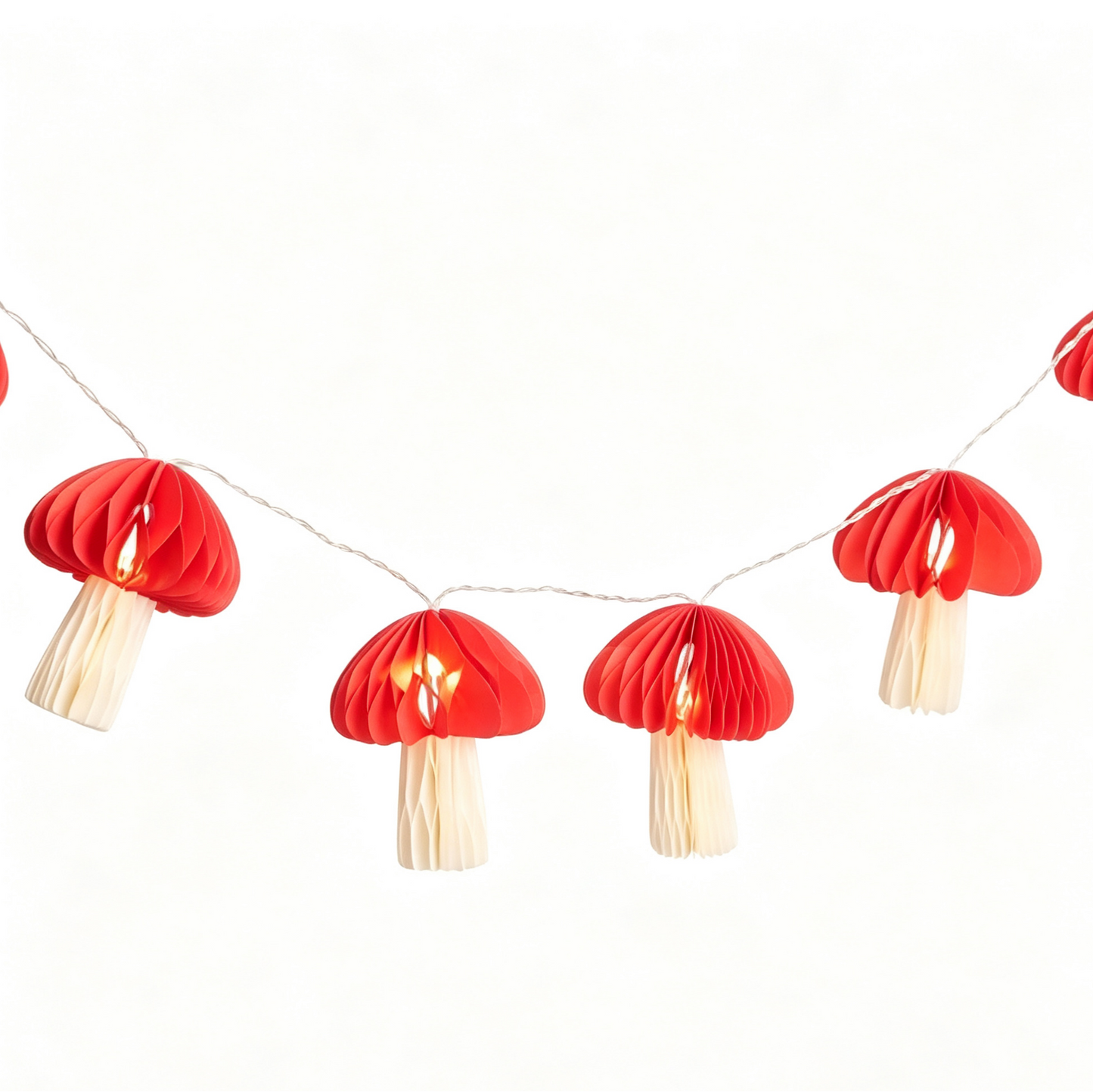 Red and Cream Mushroom Honeycomb Paper String Lights on a white background