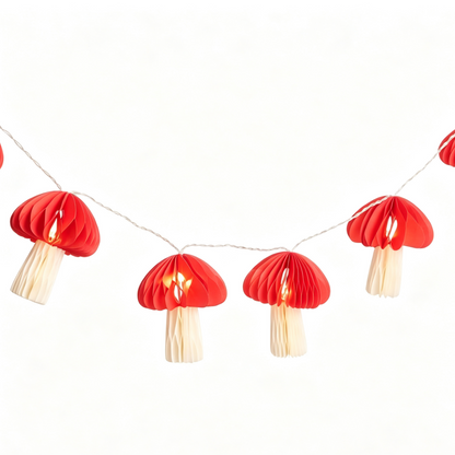 Red and Cream Mushroom Honeycomb Paper String Lights on a white background