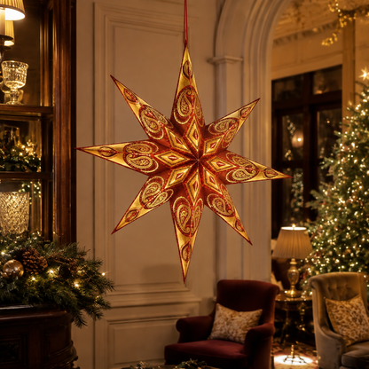 Red and Gold Eight-Point Christmas North Star Paper Lampshade showing its structure