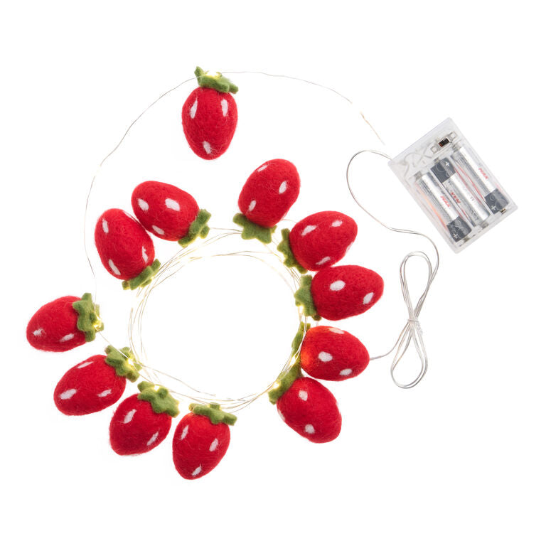 Red Strawberry Felt String Lights with Battery Box on a white background