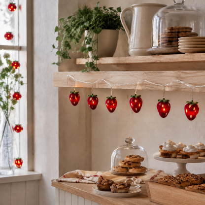 Folded Red Strawberry Felt String Lights with Battery Box for compact storage and shipping