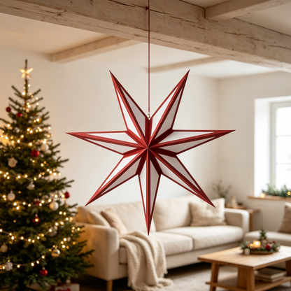 Folded Seven-Point Paper Christmas Star Ornament for compact storage and shipping