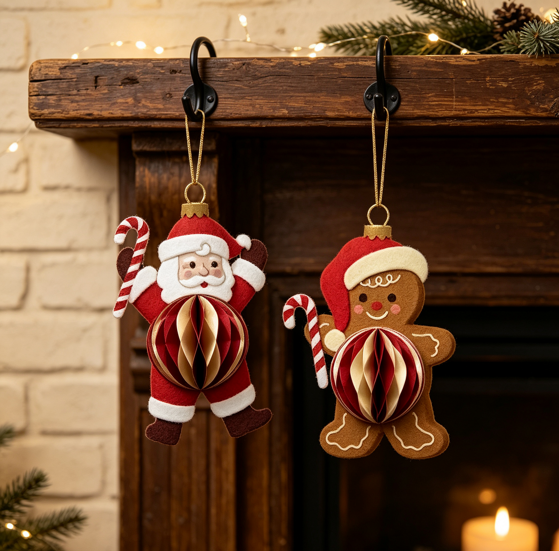 Santa and Gingerbread Honeycomb Paper Ornament Set showing its structure