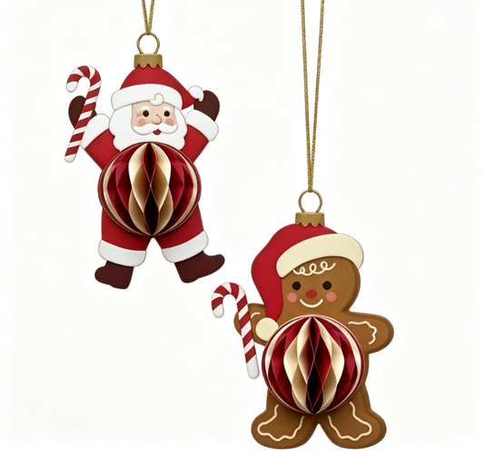 Santa and Gingerbread Honeycomb Paper Ornament Set on a white background