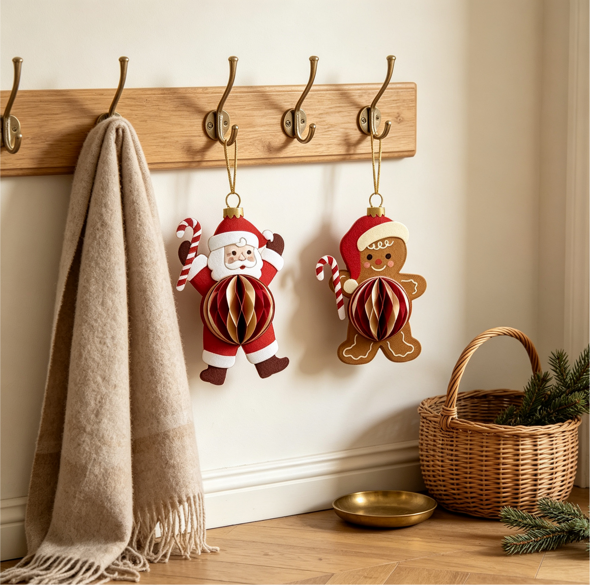 Folded Santa and Gingerbread Honeycomb Paper Ornament Set for compact storage and shipping