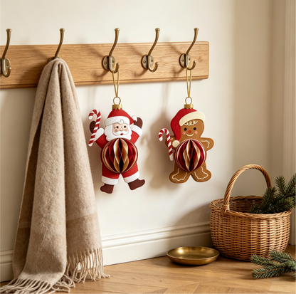 Folded Santa and Gingerbread Honeycomb Paper Ornament Set for compact storage and shipping