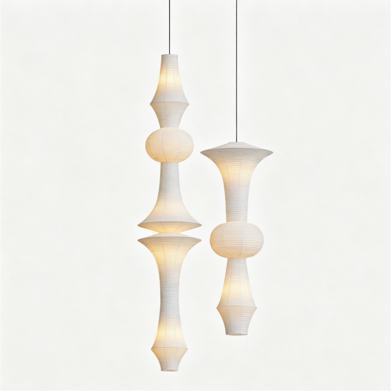 Sculptural Layered Rice Paper Pendant Lamp on a white background