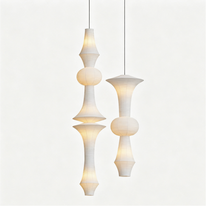 Sculptural Layered Rice Paper Pendant Lamp on a white background