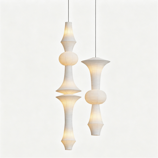 Sculptural Layered Rice Paper Pendant Lamp on a white background