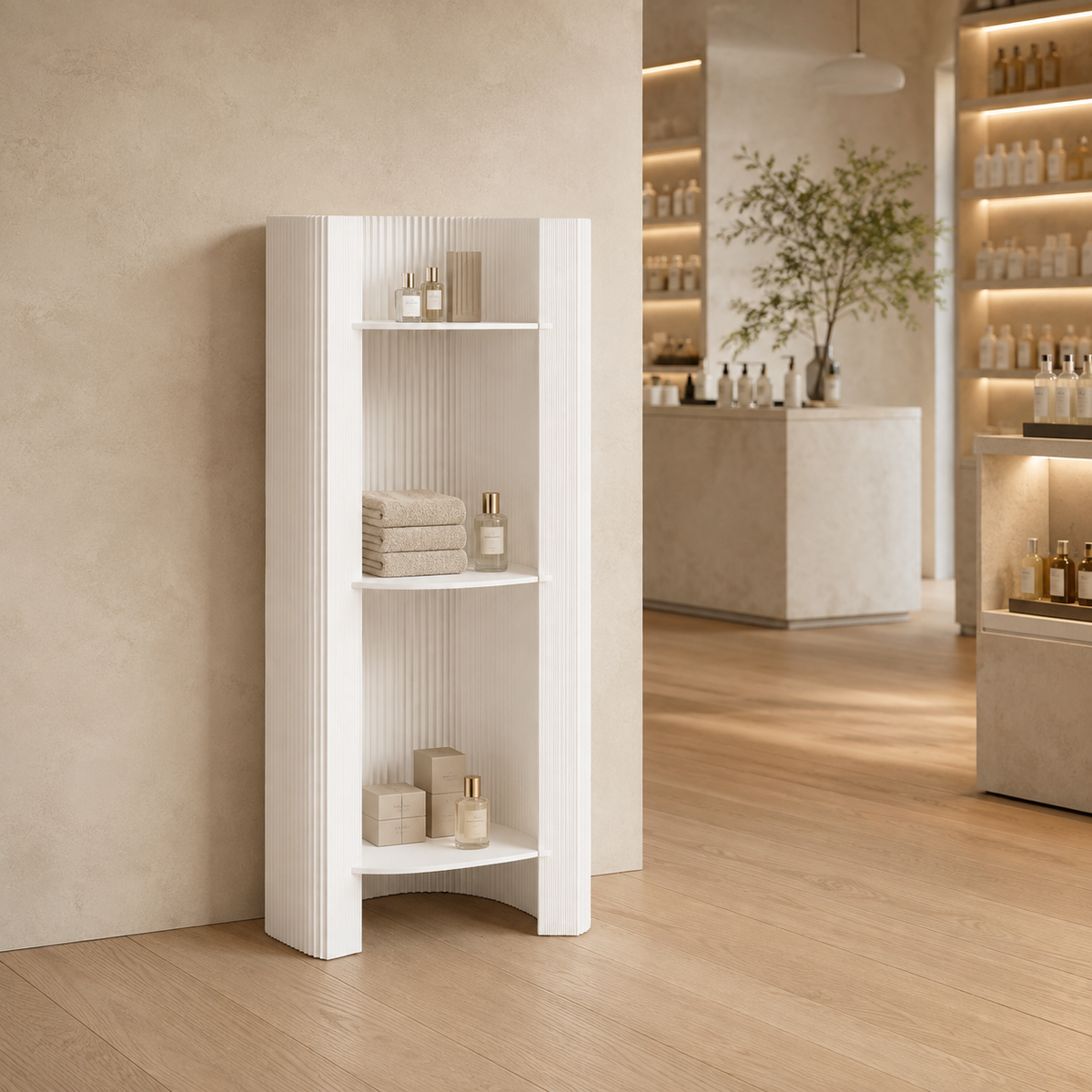 Custom Slim Three-Tier Paper Display Shelf showing its structure