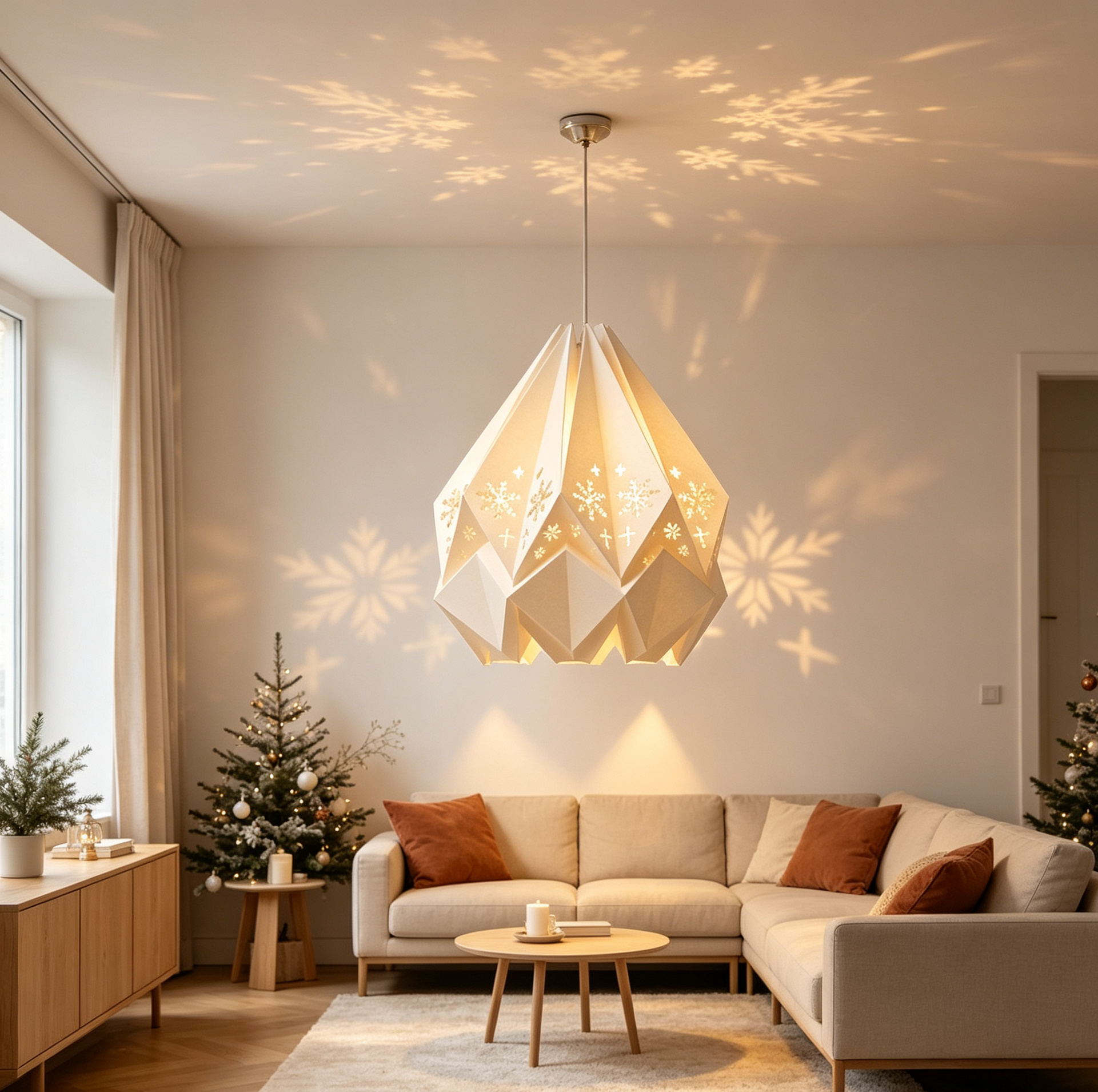 Folded White Cutout Origami Paper Pendant Lamp for compact storage and shipping
