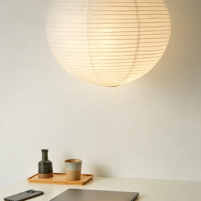 Large Round Rice Paper Pendant Lamp showing its structure and design details