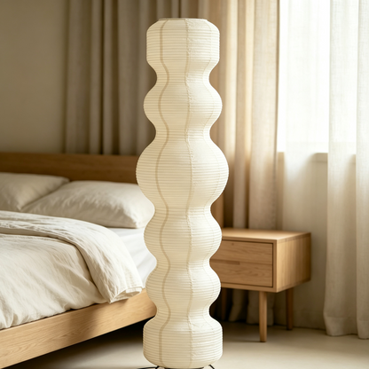 Tall Gourd-Shaped Rice Paper Floor Lamp in a retail or exhibition setting