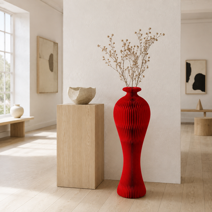 Folded Custom Tall Honeycomb Paper Floor Vase for compact storage and shipping