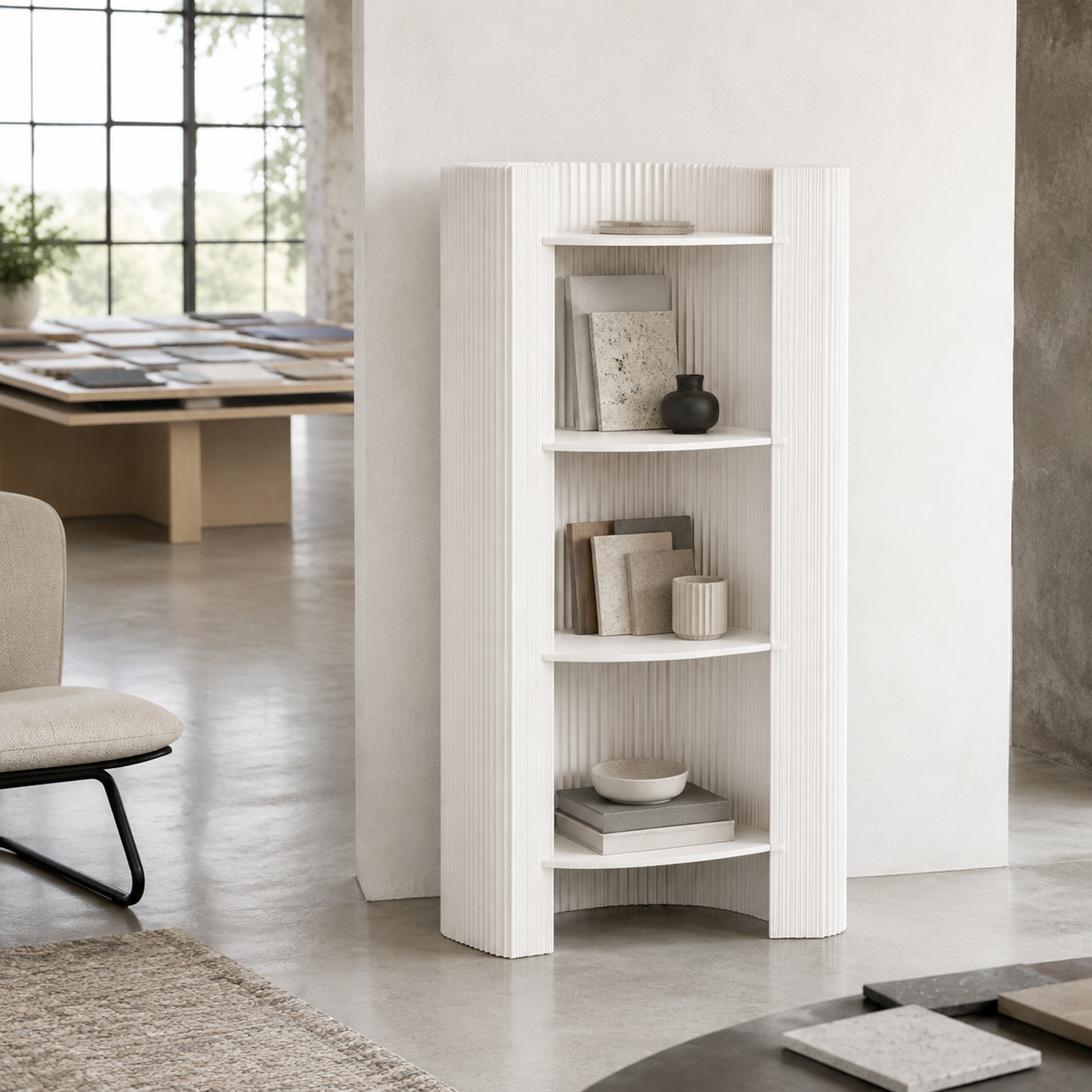 Folded Custom Slim Three-Tier Paper Display Shelf for compact storage and shipping