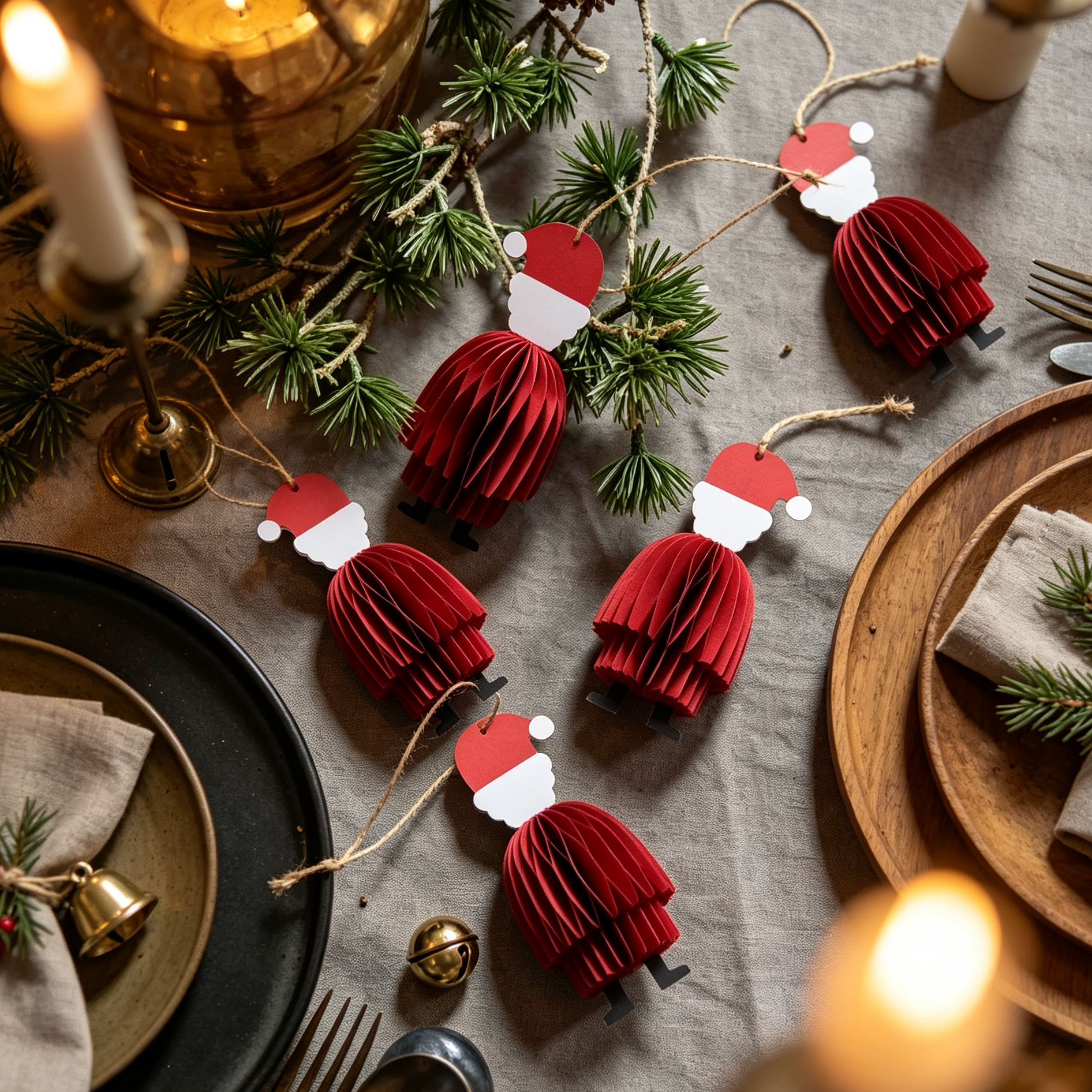 Folded Honeycomb Paper Santa Hanging Ornaments for compact storage and shipping