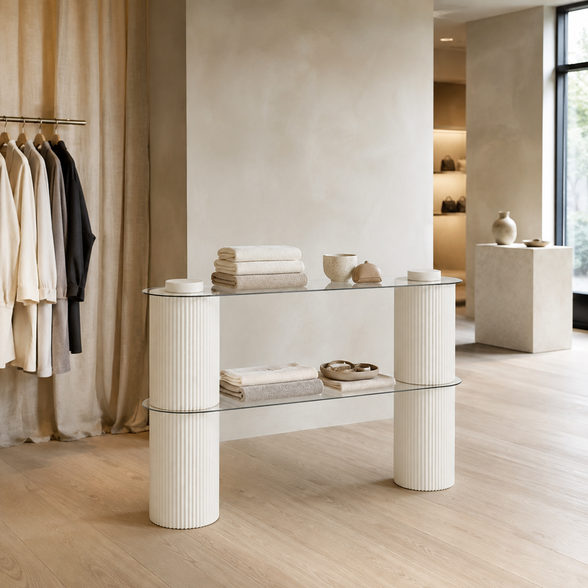 Custom Two-Tier Paper Column Display Shelf showing its structure