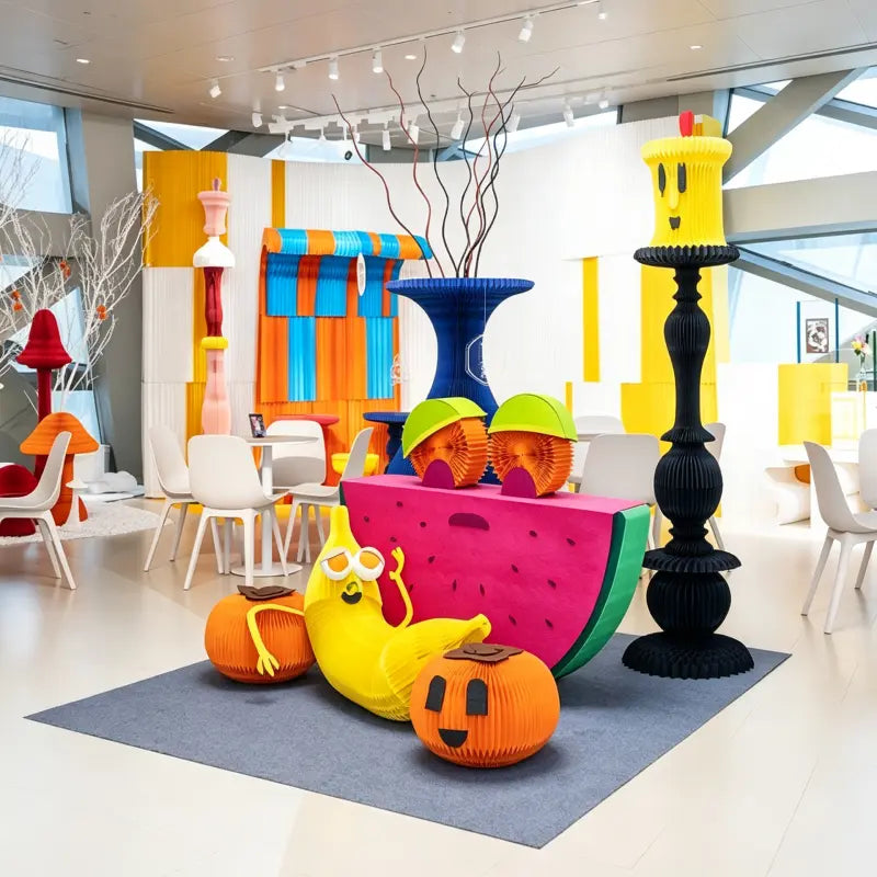 Vibrant honeycomb paper fruit and cartoon decor installation at pop-up event booth for retail festival
