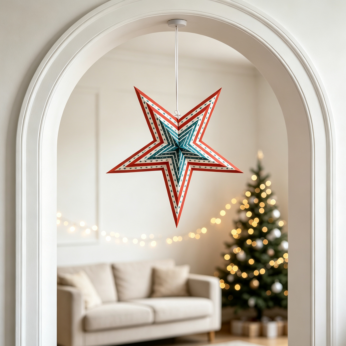 Folded Five-Point Multi-Layer Paper Christmas Star for compact storage and shipping