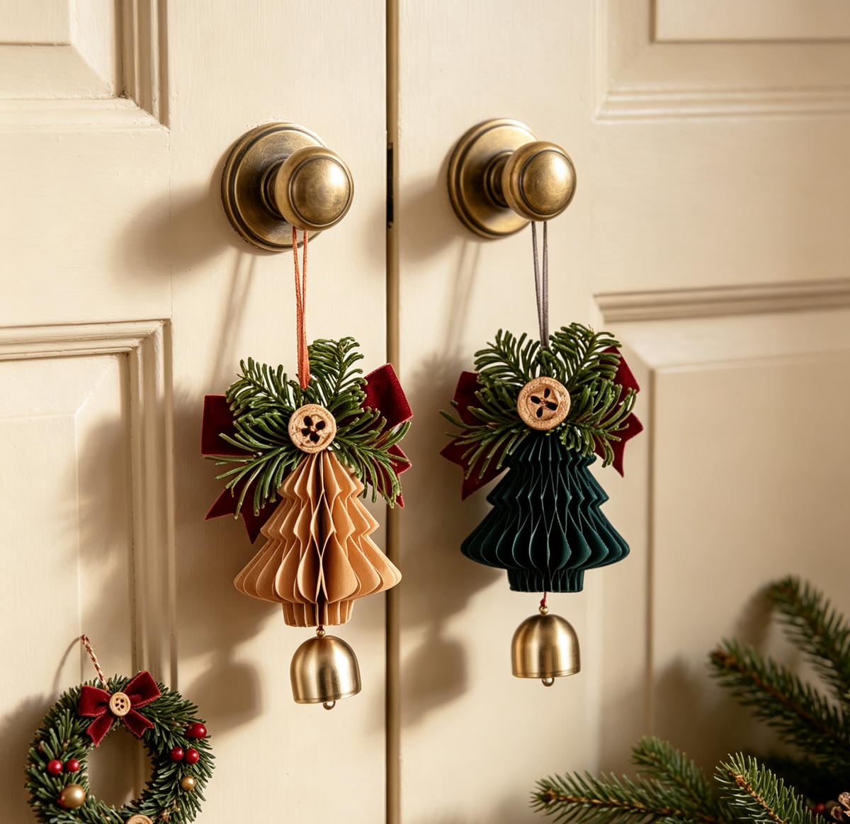 Folded Honeycomb Paper Christmas Tree Ornament Set with Bells for compact storage and shipping