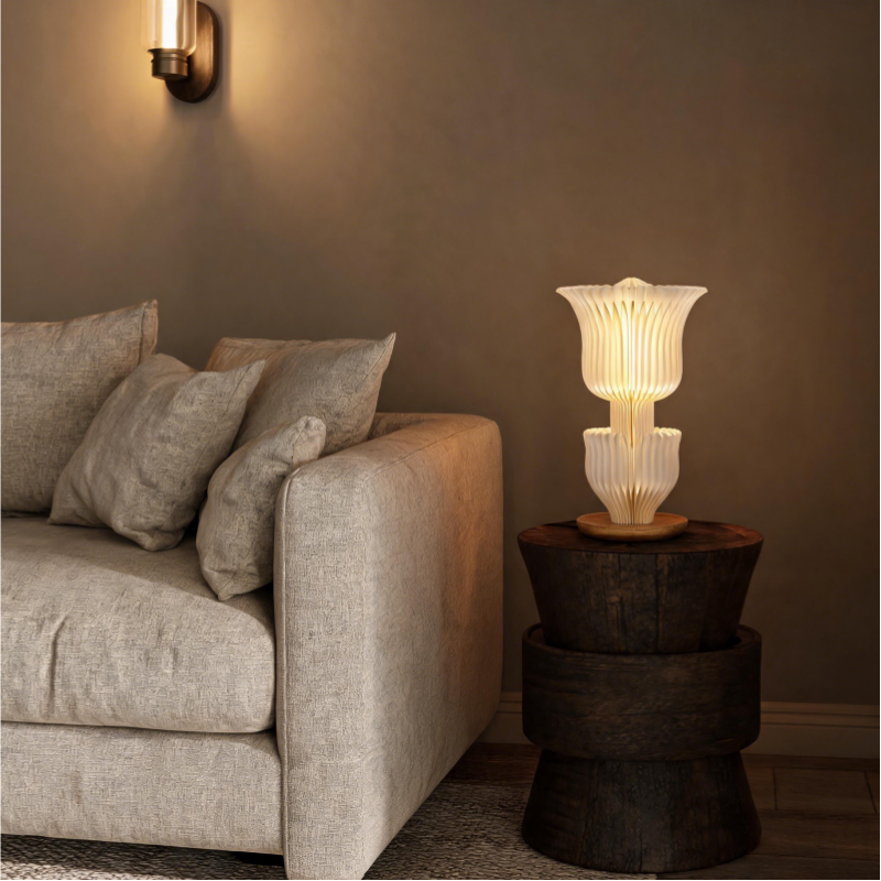 Cream Double Tulip Accordion Paper Table Lamp in a modern living room