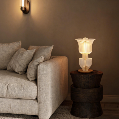 Cream Double Tulip Accordion Paper Table Lamp in a modern living room