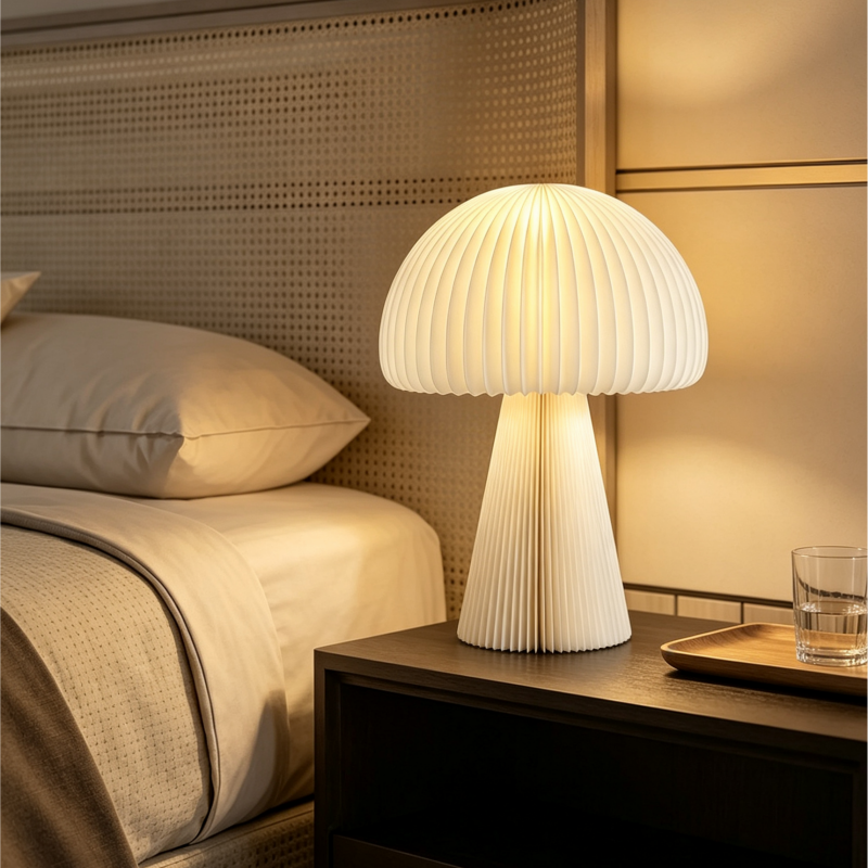 Folded Cream Accordion Folded Mushroom Paper Table Lamp for compact storage and shipping