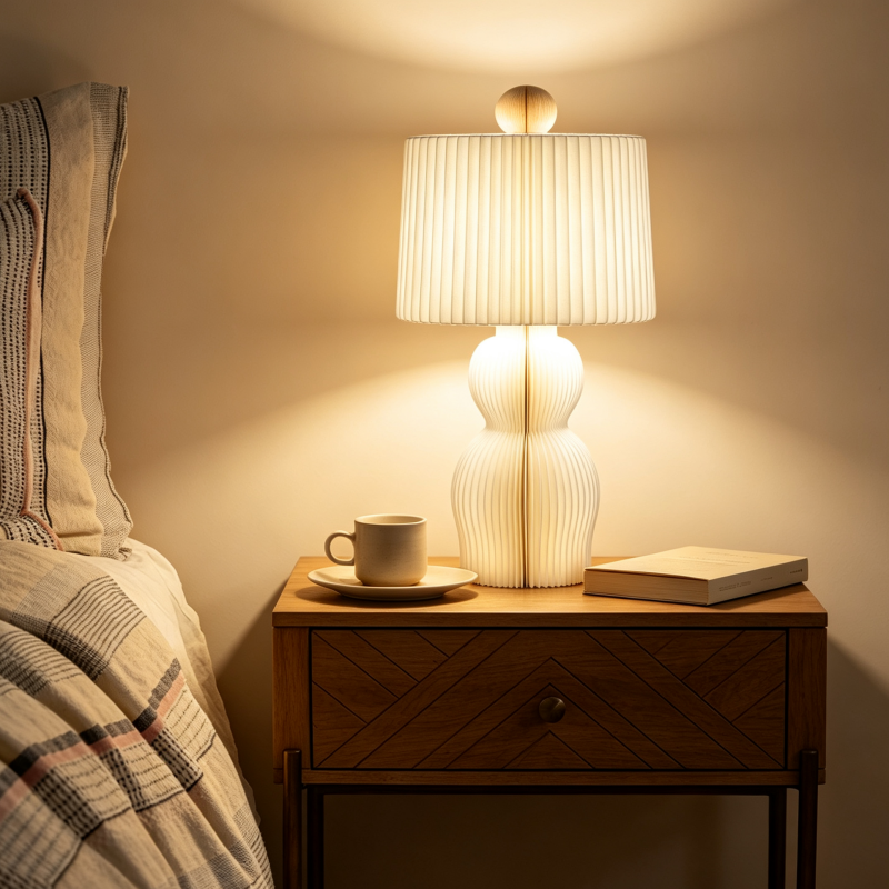 Folded Cream Pleated Honeycomb Paper Table Lamp for compact storage and shipping