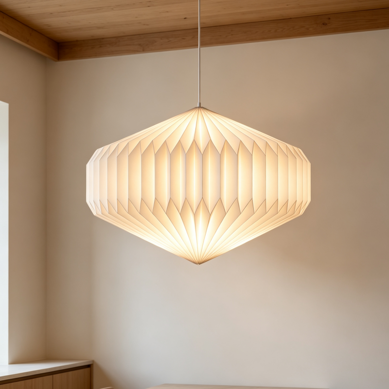 Diamond Origami Pleated Paper Pendant Lamp in a modern living room