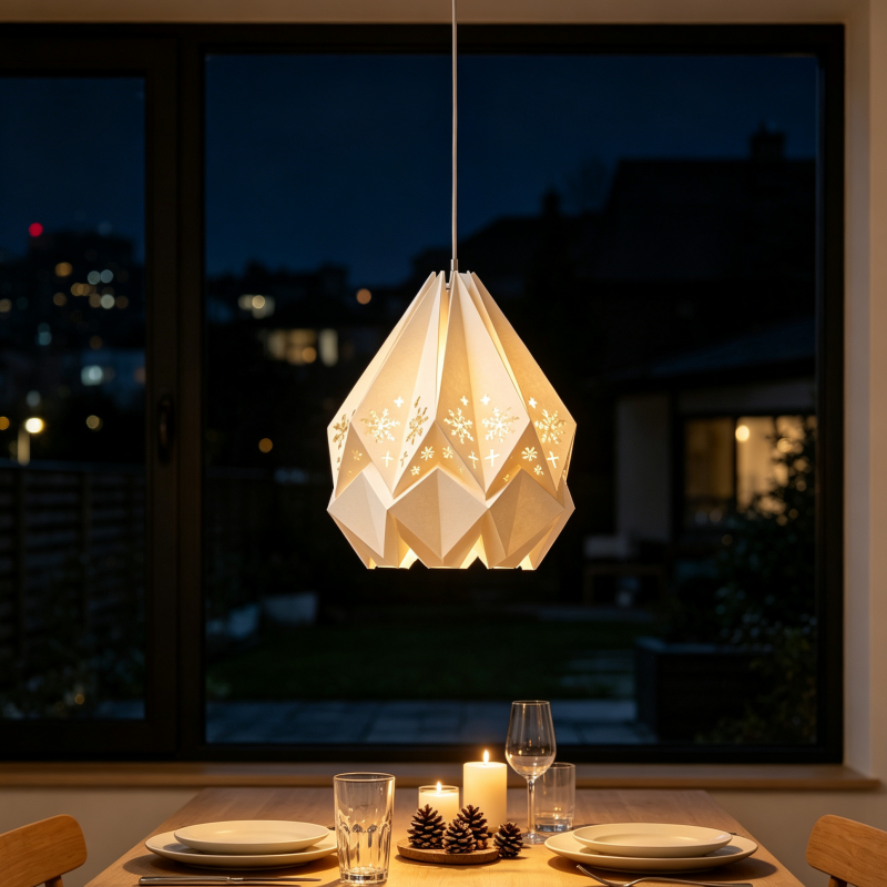 White Cutout Origami Paper Pendant Lamp in a modern living room