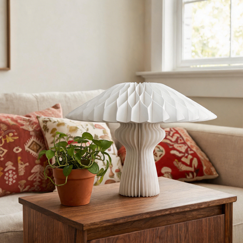 White Mushroom-Shaped Honeycomb Paper Table Lamp in a modern living room