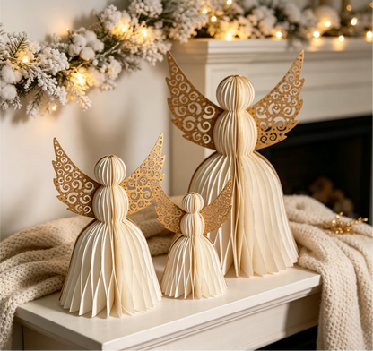 Folded Honeycomb Paper Angel Tabletop Decoration for compact storage and shipping