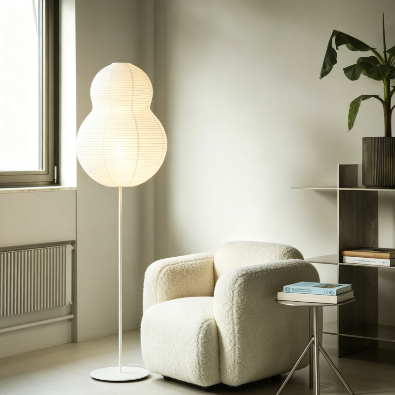 Folded White Gourd-Shaped Rice Paper Floor Lamp for compact storage and shipping