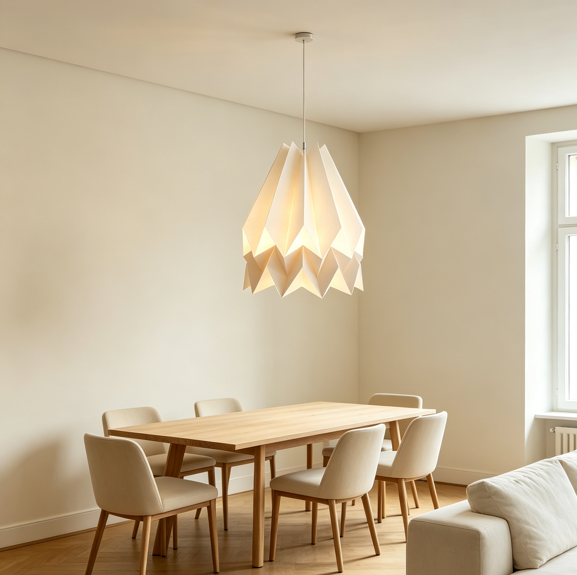 White Origami Paper Pendant Lamp in a modern living room setting with natural light