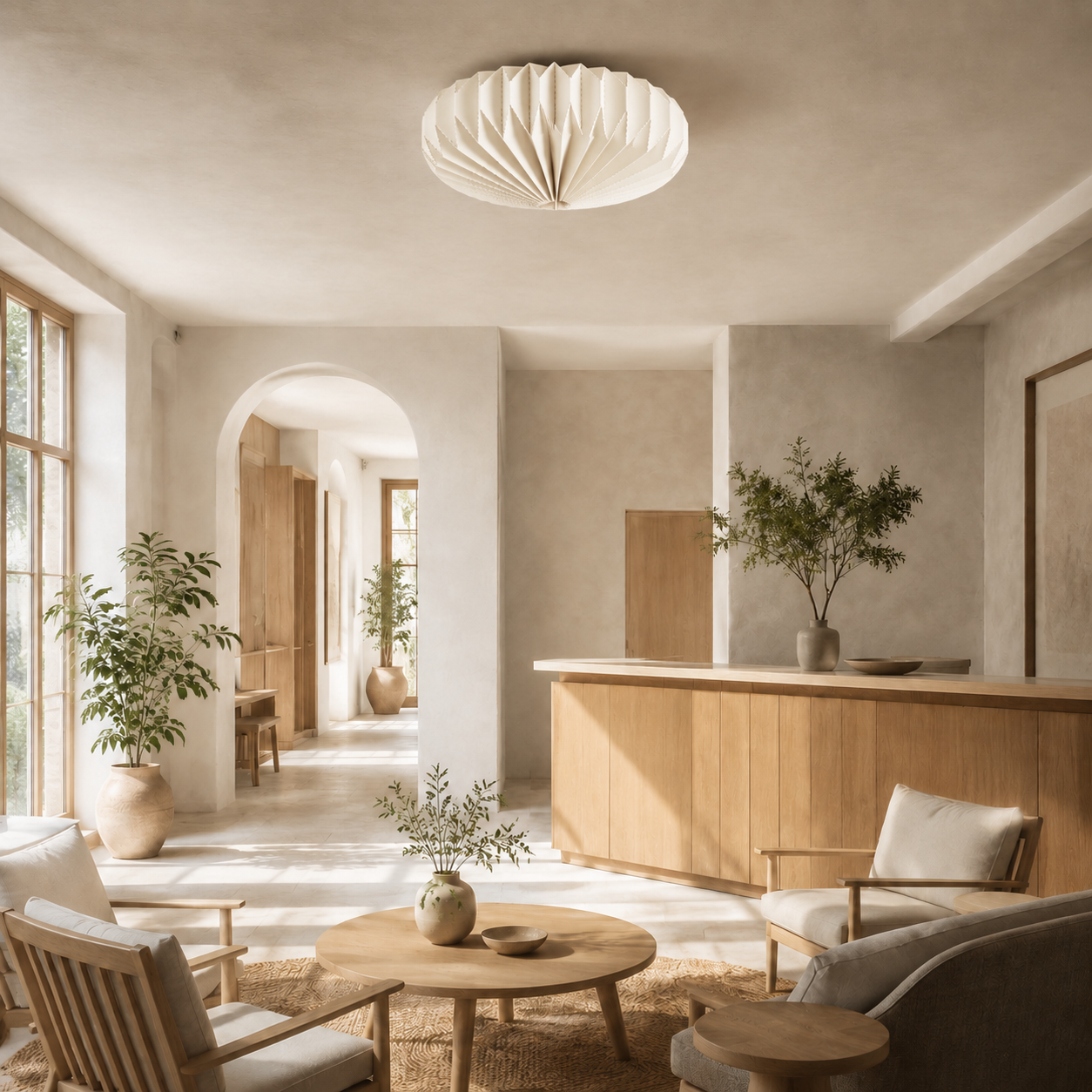Cream Origami Folded Paper Ceiling Lampshade in a modern living room