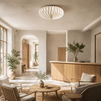 Cream Origami Folded Paper Ceiling Lampshade in a modern living room