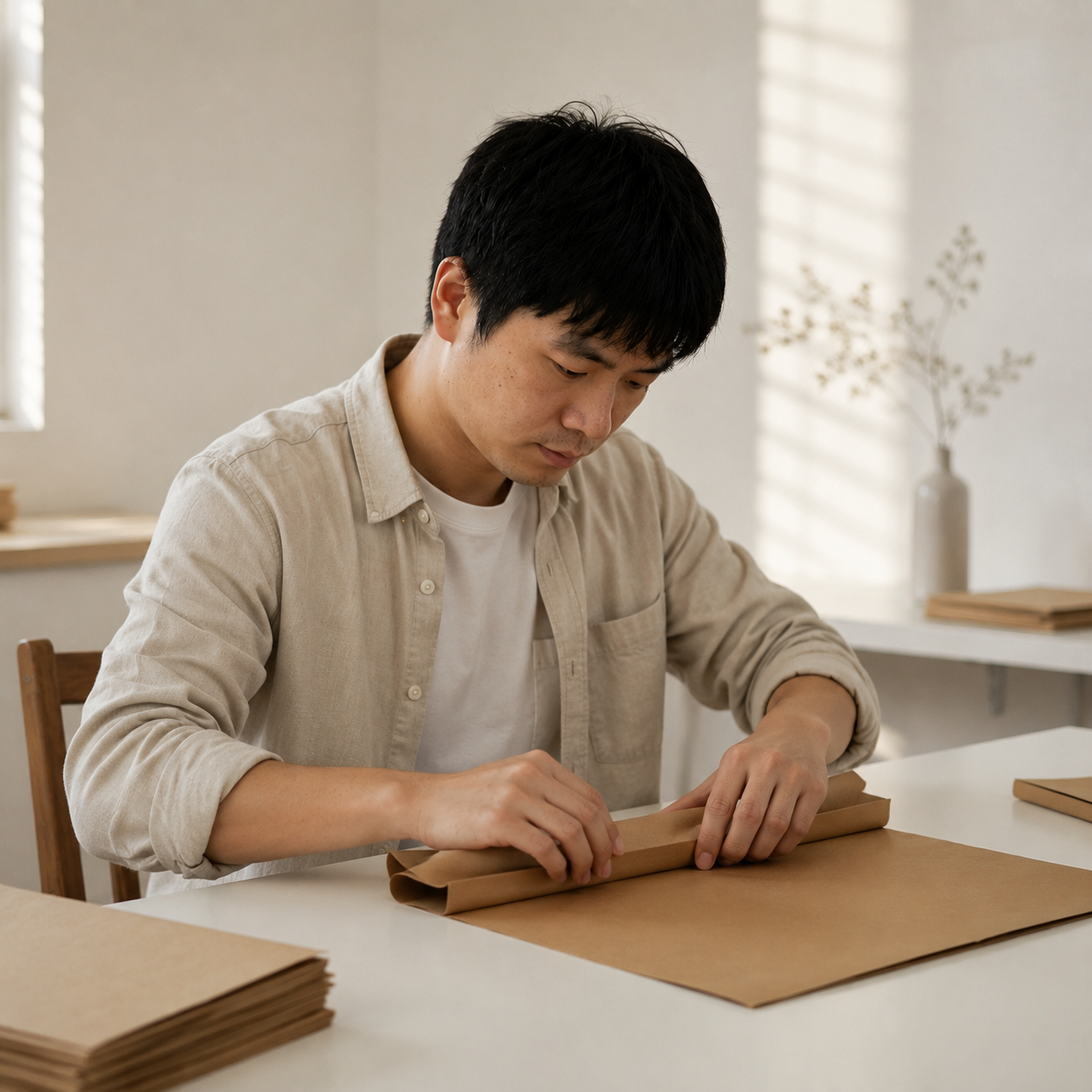 Craftsman folding and assembling custom paper lampshade materials in workshop